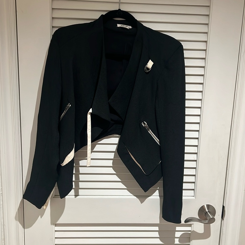 Helmut Lang sugar cropped black jacket with white leather accents, size 0